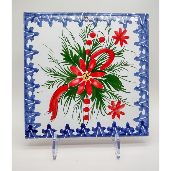 Vintage Hand-Painted Italian Christmas Tile Trivet - Supporto Per Bicottura - Picture 1 of 2